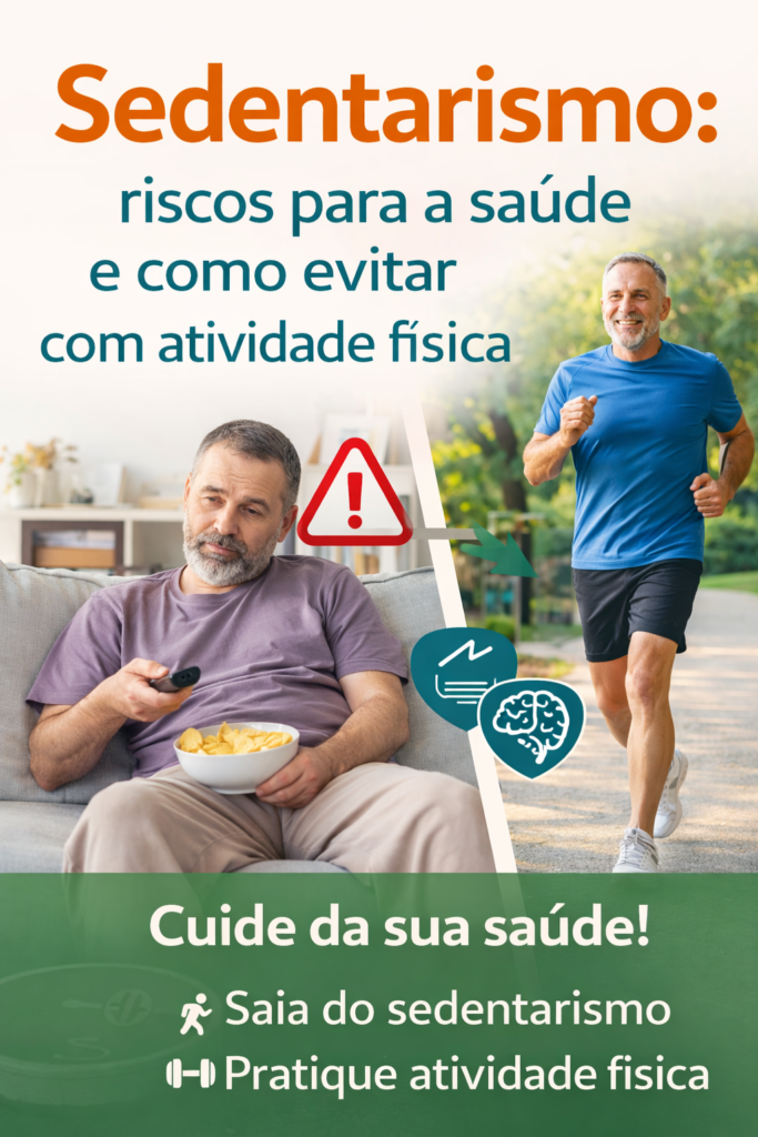 Sedentarismo e seus riscos para a saúde, comparando uma pessoa sedentária no sofá e outra praticando atividade física
